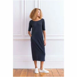 Celtic & Co. Navy Blue Linen/Cotton Button Back Dress