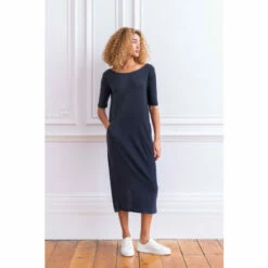 Alternative view of Celtic & Co. Navy Blue Linen/Cotton Button Back Dress