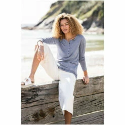 Celtic & Co. Cornflower Blue Stripe Linen Henley Top